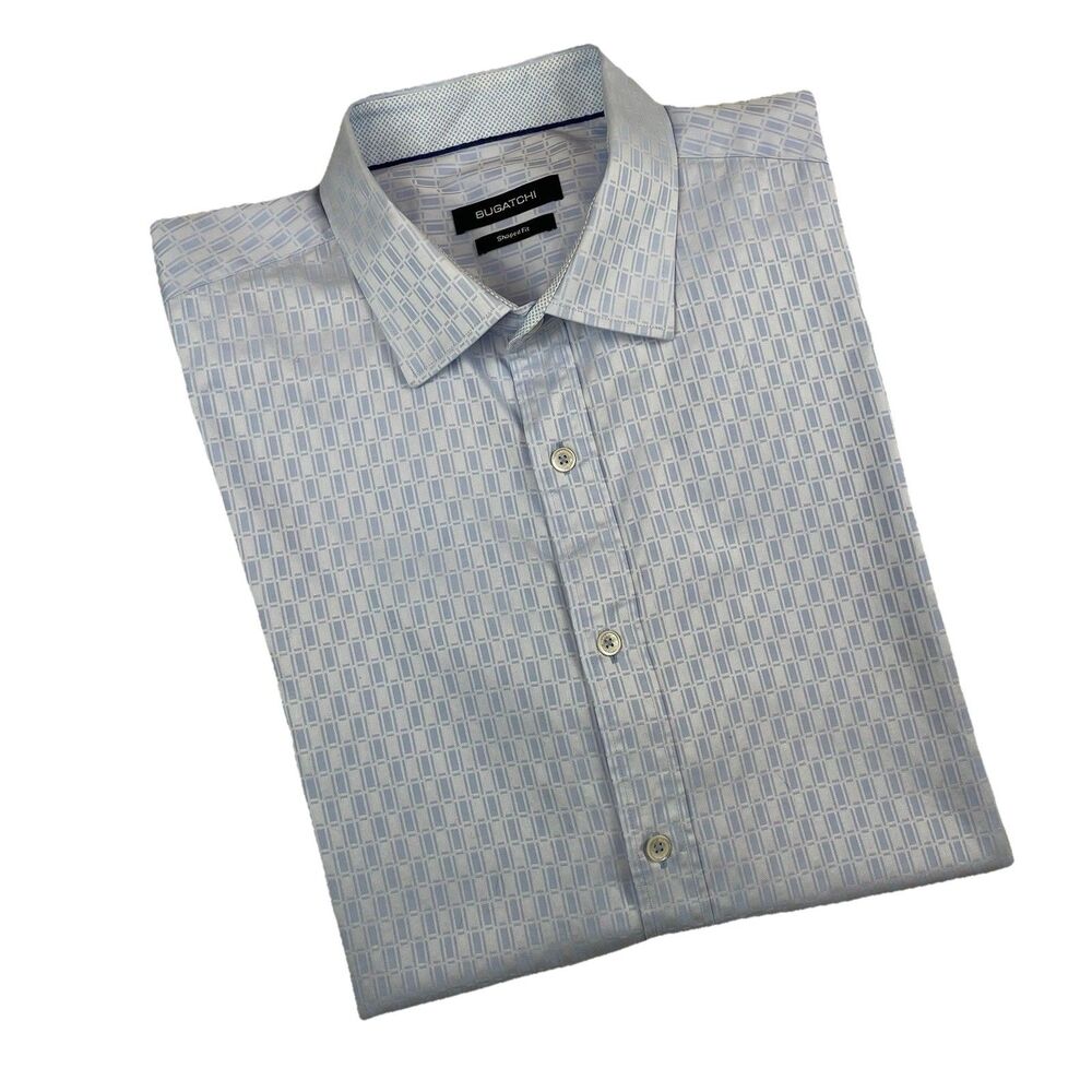 Bugatchi Men’s Button Up Dress Shirt Light Blue Geometric Business Casual—L